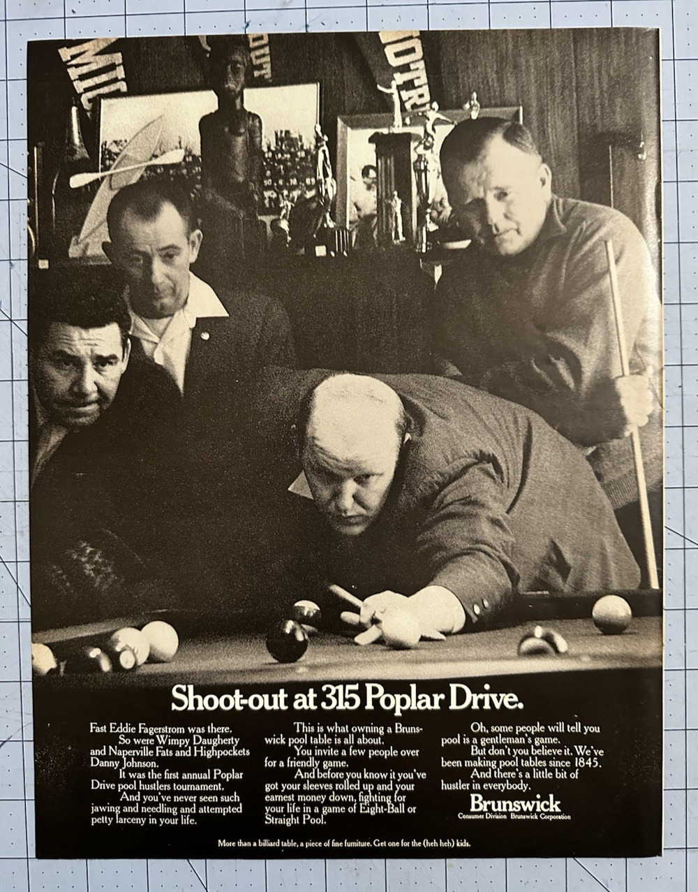 1969 Brunswick Pool Tables "Shoot-Out At 315 Poplar Dr" Hustlers Sharks Print Ad